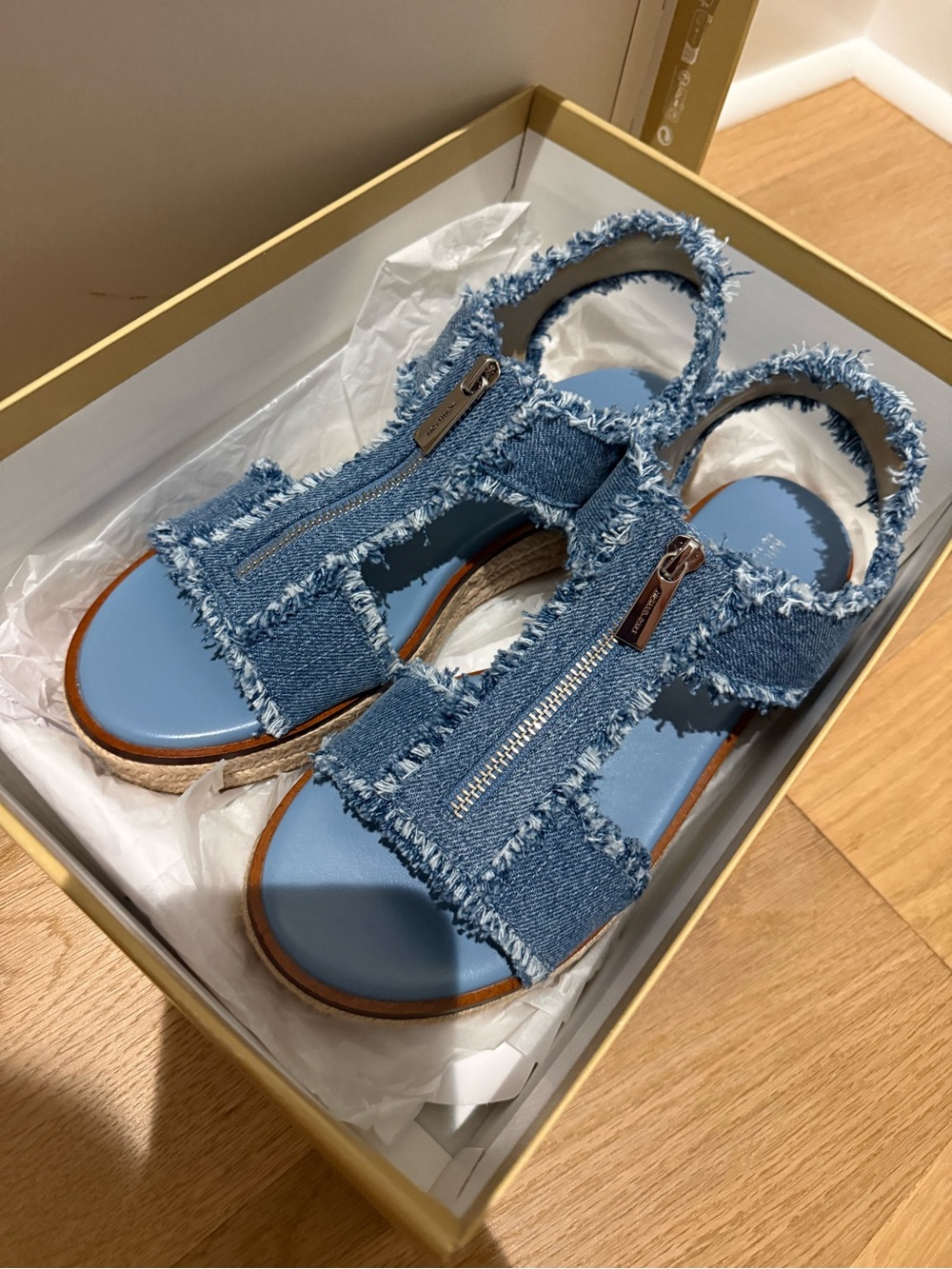 Michael Kors Women’s Denim Sandals with Front Zipper / silver hardware NIB